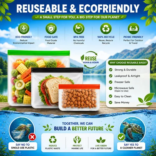 Miniatura 3 de Paquete de 10 bolsas extra gruesas de silicona reutilizables para almacenamiento de alimentos, 3 pequeñas, 4 medianas, 3 bolsas grandes con cierre