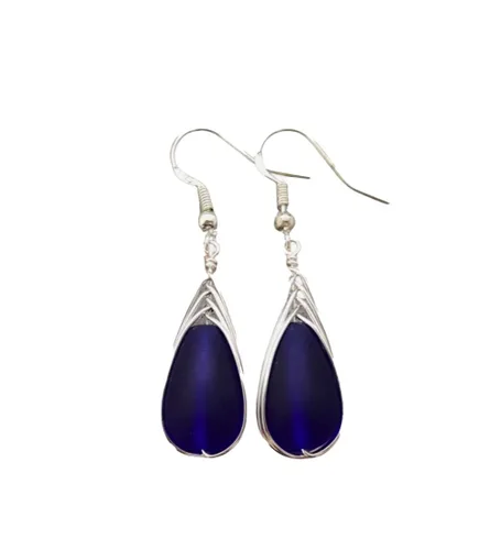 Yinahawaii Handmade Sea Glass Earrings, Hawaiian Jewelry, Wire Braided Earrings Teardrop Earrings, Beach Jewelry Sea Glass Jewelry For Women Cobalt
