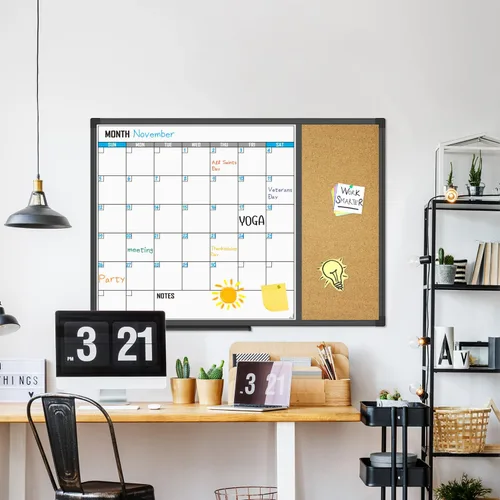 Miniatura 2 de XBoard Pizarra de borrado en seco con calendario 28 X 20 - Juego de pizarra con calendario mensual, pizarra blanca magnética + corcho con marco