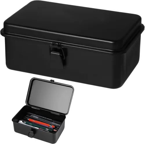 Miniatura 8 de OMISTAR Caja de almacenamiento de acero con tapa con bisagras, contenedor de metal para sellos de álbumes de recortes, caja de herramientas de metal