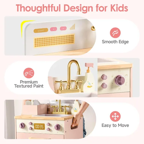 Miniatura 2 de ROBOTIME Fregadero Lavavajillas de Juguete de Madera – Juguete de Cocina Rosa de Fantasía con Grifo Dorado, Perillas Giratorias, Estante