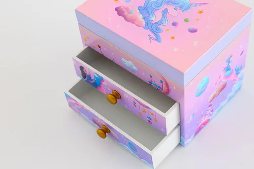 Miniatura 5 de Joyero musical de madera para niñas con juego de joyas a juego B-unicornio morado4