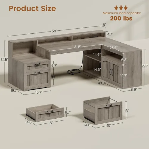 Miniatura 2 de SEDETA Escritorio rústico en forma de L con cajones, escritorio de oficina de 59 pulgadas con cajones de archivos, escritorio de esquina de madera