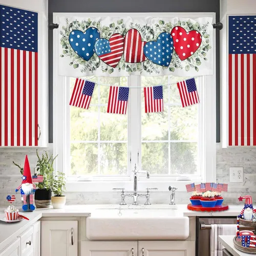 Miniatura 2 de Cortina de cenefas para el 4 de julio, diseño de corazón y bandera americana, cortina patriótica para ventanas de cocina, rojo, blanco y azul
