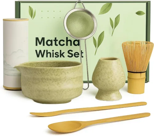 Juego de 7 batidores de matcha, kit de cerámica con cuenco, batidor y soporte de bambú, cuchara de bambú, tamiz y toalla de té, juego de regalo de