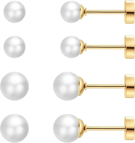 Miniatura 8 de SmileBelle 2 pares de aretes de perlas, aretes de titanio con parte trasera plana, rellenos de calcetín para mujer, aretes hipoalergénicos