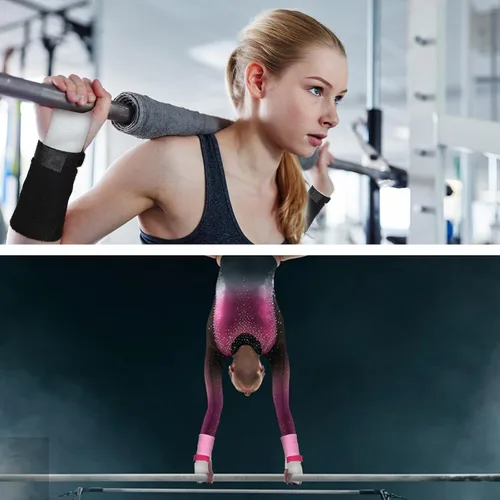 Miniatura 6 de Juego de 2 pares de guantes de gimnasia para bares y niñas, juegos de muñequeras de gimnasia rosa y negro con muñequeras para barra de gimnasia