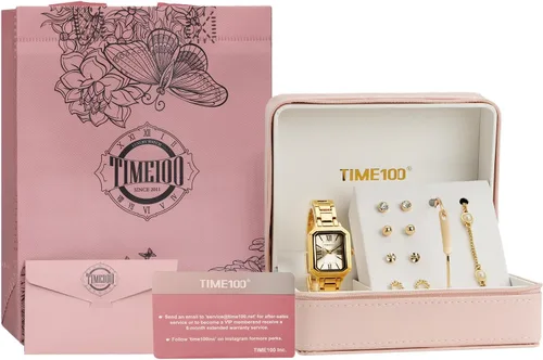 Miniatura 3 de TIME100 Juego de reloj rectangular para mujer con pulsera, cadena y 4 pares de aretes, caja de regalo rosa con cremallera W50893L
