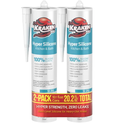 Miniatura 7 de Kraken Bond Sellador de calafateo Hyper Clear (1 x 10.1 onzas líquidas) de curado rápido, 100% silicona neutra para cocina y baño, bañera, ducha