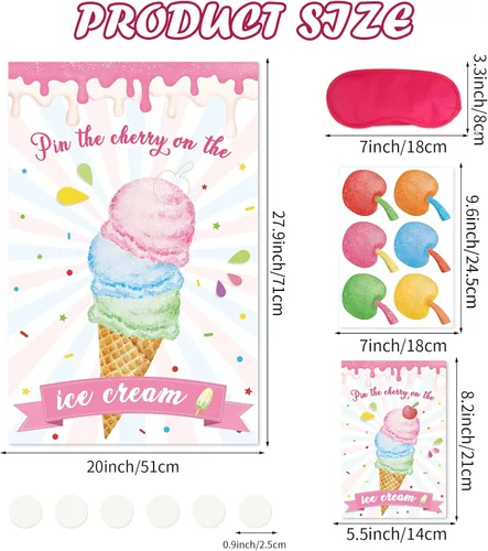 Miniatura 2 de Hxezoc Pin The Cherry On The Ice Cream Game con 36 calcomanías de cerezas, póster grande de juegos de fiesta de helado para niños, fiesta
