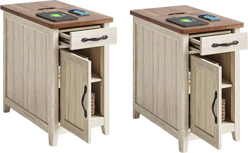 Miniatura 10 de LINSY HOME - Juego de mesas auxiliares de 2 piezas con estación de carga, mesa auxiliar moderna de estilo granja para sofá, mesa auxiliar de madera