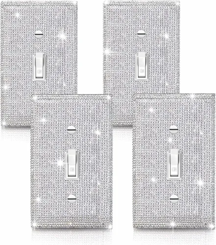4 piezas de placa de pared plateada con diamantes de imitación brillantes, cubierta decorativa de interruptor de luz de una llave, cubiertas de