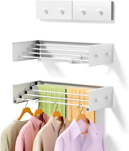 Miniatura 9 de ZMBESUP Mejora Perchero de Secado de Ropa, Perchero de 80 cm de Secado de Ropa Montado en la Pared, Plegable, 5 Varillas de Aluminio con 6 Ganchos