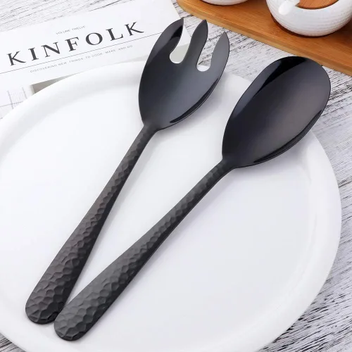 Miniatura 5 de Juego de cuchara y tenedor de ensalada, 12 pulgadas, acero inoxidable, utensilios de servir negros, aptos para lavavajillas, paquete de 2