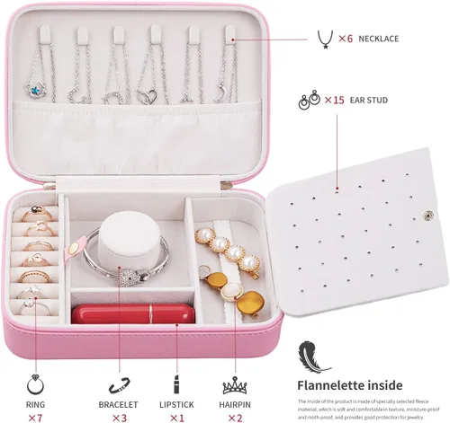 Miniatura 3 de SANQIANWAN Pequeña caja organizadora de viaje de joyería con estuche portátil de piel sintética para collares anillos aretes regalos para novia
