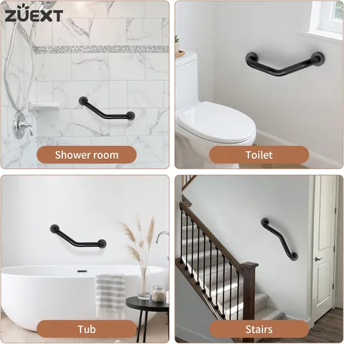 Miniatura 8 de ZUEXT - Barra de agarre en ángulo de 16 pulgadas, paquete de 2 manijas antideslizantes negras para ducha, barra de equilibrio de baño moleteada