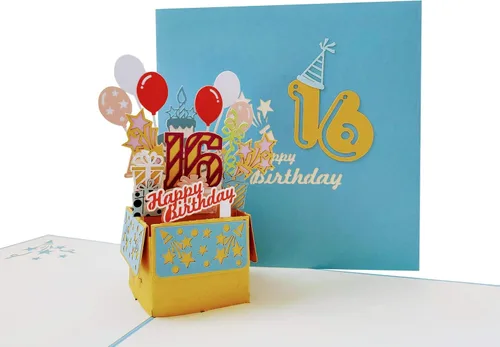 Miniatura 12 de iGifts And Cards Tarjeta desplegable 3D de cumpleaños de 16 años, regalos coloridos y escena de celebración de globos, divertido saludo