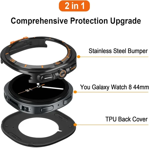 Miniatura 2 de Metal Cover Compatible with Samsung Galaxy Watch 8 Case 44mm, 2 in 1 Protective Rugged Bumper with Back Frame for Galaxy Watch 8 44mm (Black/Orange)