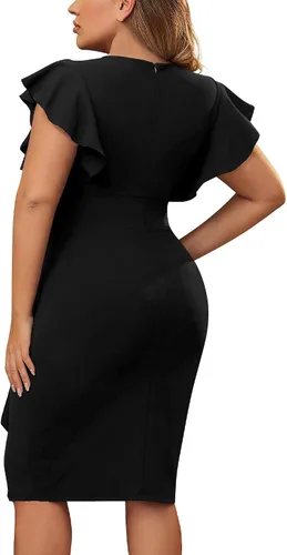 Miniatura 6 de Miusol Vestido de tubo vintage con cuello en V para mujer, manga con volantes, para negocios, cóctel, fiesta, talla grande