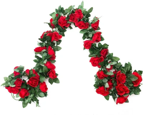 Paquete de 2 guirnaldas de rosas artificiales de 16 pies – Rosa roja falsa de seda para arco de boda, decoración de pared del hogar, día de San Rojo