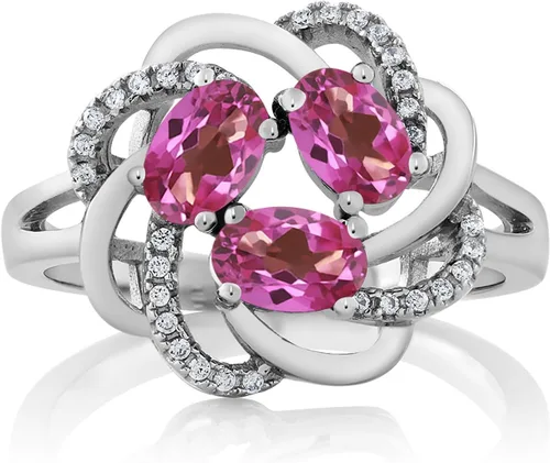 Miniatura 76 de Gem Stone King Flower Blossom Gemstone Birthstone Ring in 925 Sterling Silver 3-Stone Oval 6X4MM with Sparkling Accents Wedding Anniversary