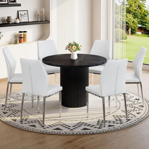 Miniatura 11 de Mesa de comedor redonda para 4-6, mesa de comedor negra con tablero de madera de 42'' y base de pedestal cilíndrico, mesa de cena redonda