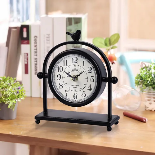 Miniatura 9 de Reloj de mesa silencioso a pilas de metal negro analógico con pájaro, pequeño reloj de mesa para decoración de granja, estante de chimenea, hogar