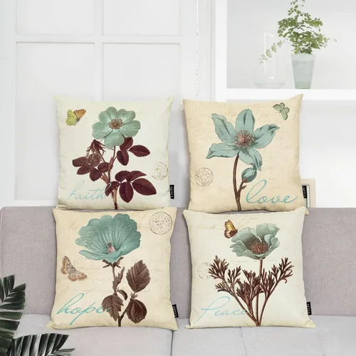 Miniatura 7 de YeeJu - Funda de cojín cuadrada de lino y algodón con diseño geométrica. Funda de almohada, para exterior, hogar, sofá., A-floral 09, 18*18 pulgadas