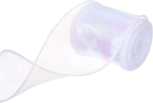 Miniatura 14 de MECCANIXITY - Cinta de organza con cable de 1 1/2" de ancho, brillante, transparente, con brillo irisado en tonos pastel, cinta de gasa para Beige