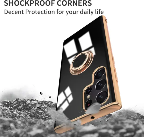 Miniatura 4 de Funda compatible con Samsung Galaxy S22 Ultra con soporte de anillo atril [con magnético] TPU suave a prueba de golpes electrochapado funda Negro
