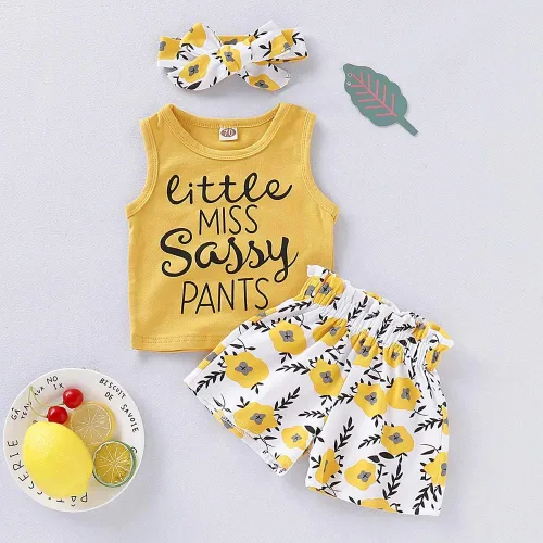Miniatura 3 de PigMaMa Conjunto de ropa para bebé niña de 3 piezas, sin mangas, camiseta sin mangas, pantalón de flores, diadema