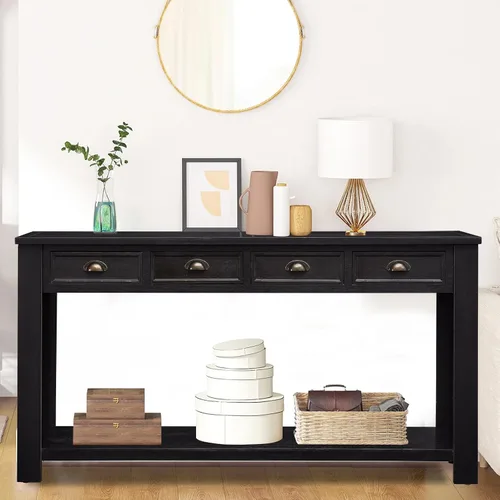 Miniatura 4 de kinbor Mesa consola larga para sofá, mesa de sofá de madera, mesas de entrada con 4 cajones y estante de almacenamiento para entrada, pasillo, sala