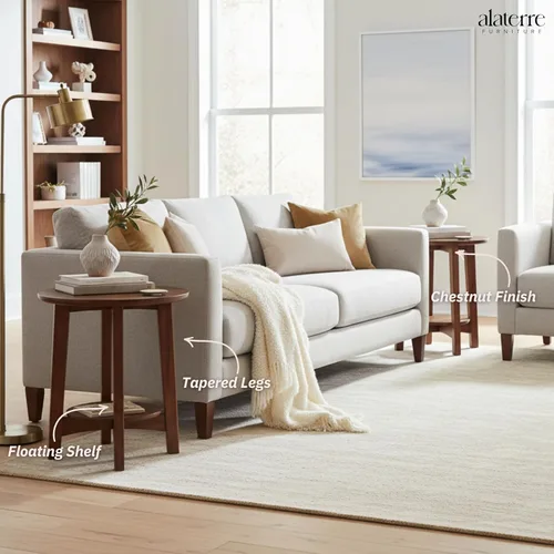Miniatura 5 de Alaterre Furniture Monterey - Juego de 2 mesas auxiliares redondas con estante de almacenamiento, mesita de noche moderna de mediados de siglo