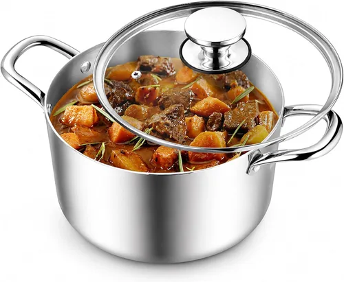 Miniatura 11 de TeamFar Olla de 3.5 cuartos de galón, olla de cocina de pasta de acero inoxidable de tres capas con tapa, tapa de vidrio templado y asas remachadas