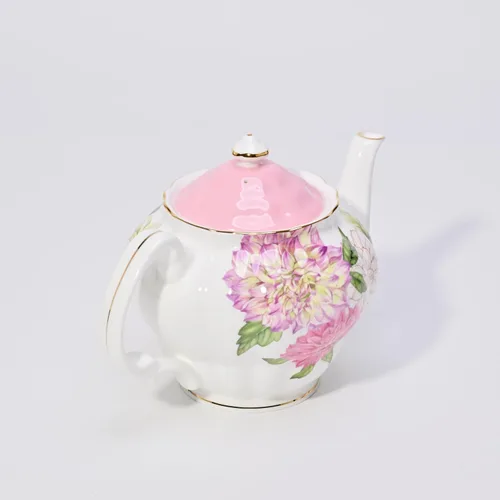 Miniatura 6 de Tetera de porcelana de hueso, teaset inglés, diseño floral de dalia con borde dorado, 37 onzas