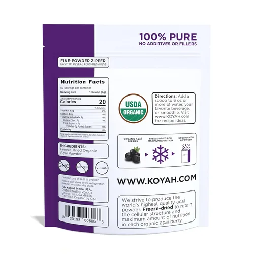 Miniatura 2 de KOYAH - Acai en polvo orgánico (5.29 oz - 50 porciones): Cultivado en Brasil, liofilizado, 100% puro, sin ácido cítrico añadido, ideal para batidos