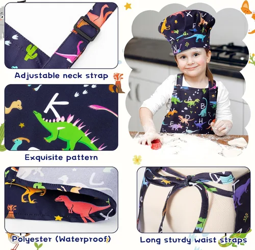 Miniatura 3 de Juego de 4 delantales y sombrero de chef para niños, regalo para niñas y niños, con palabras del alfabeto de animales, delantales ajustables