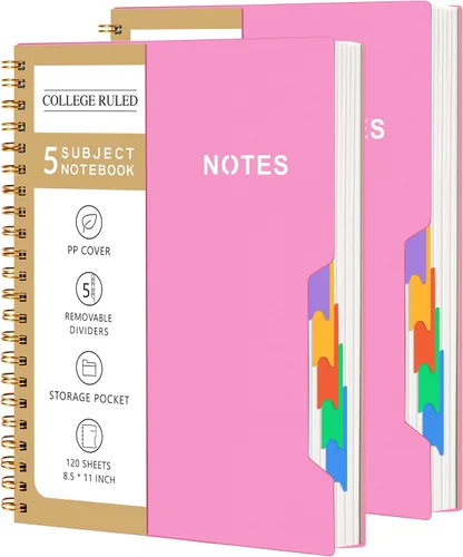 Miniatura 20 de CAGIE Cuadernos de espiral para trabajo escolar con pestañas divisorias extraíbles, cuaderno de 5 materias de 8.5 x 11 pulgadas, a rayas
