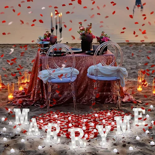 Miniatura 4 de Hortsun Letras iluminadas para decoración de propuesta de cásate conmigo ¿Te casarás conmigo? Letrero Pétalos de rosa 24 Velas LED Luz nocturna