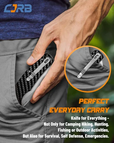 Miniatura 5 de Cuchillo táctico CJRB Crag, cuchillo plegable de bolsillo Cleaver con hoja de acero AR-RPM9 lavado a la piedra y mango de fibra de carbono
