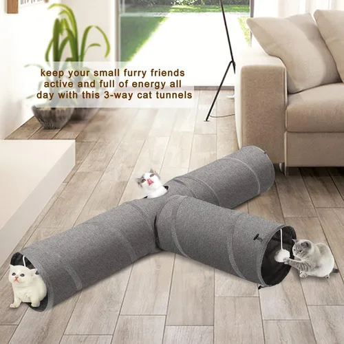 Miniatura 3 de Ownpets Túnel para gatos, túnel plegable de 3 vías, tubo para gatos de 47 pulgadas de largo con bola de felpa y juguete de plumas, túnel de juego