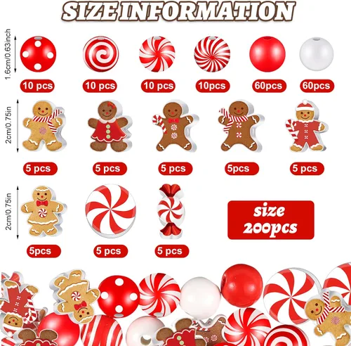 Miniatura 2 de Misdary 200 piezas de cuentas navideñas para manualidades, cuentas navideñas de madera, rojas y blancas, caramelo de menta, jengibre para joyería