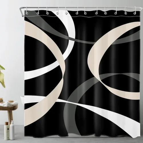 Miniatura 28 de LB Cortina de ducha abstracta rosa para baño, cortina de ducha de tela a rayas grises y blancas sobre fondo negro con ganchos, juego de cortinas