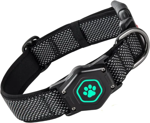 Collar para perro AirTag con soporte de etiqueta de aire impermeable, luminoso y reflectante, cómodo y duradero nailon 1000D, doble hebilla de