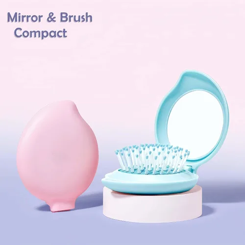 Miniatura 5 de Cepillo de pelo de viaje con espejo para bolso/mochila, mini cepillo plegable para el pelo y set de espejo de maquillaje portátil en rosa kawaii