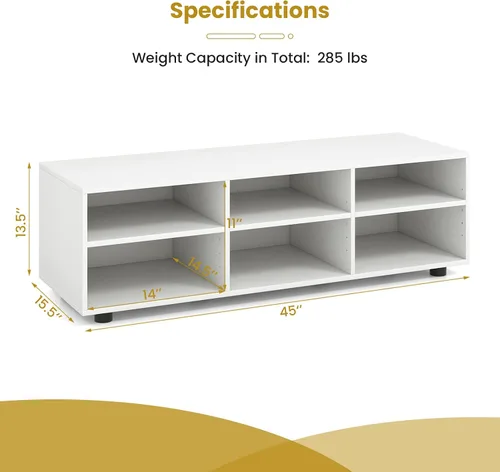 Miniatura 5 de Tangkula Soporte de TV con 6 compartimentos para televisores de hasta 55 pulgadas, centro de entretenimiento de madera blanca con 6 cubos