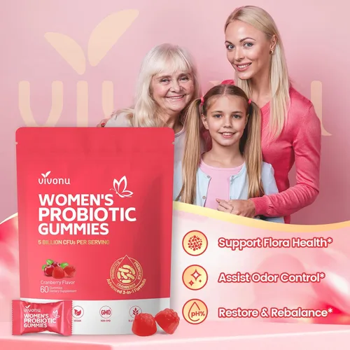 Miniatura 4 de VivoNu Probiótico vaginal para mujer, gomitas probióticas para mujeres, gomitas de equilibrio femenino, probióticos de arándano para la salud