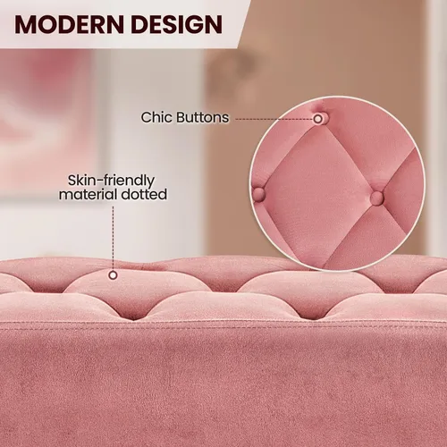 Miniatura 5 de Yaheetech Banco Otomano Moderno de Terciopelo Banco Tapizado Reposapiés para Sala de Estar con Patas de Metal Dorado y Asiento Acolchado Rosa