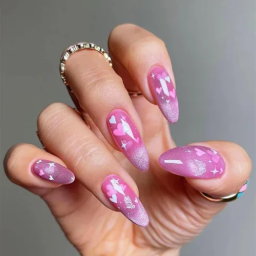 Miniatura 14 de Uñas postizas a presión con punta francesa, uñas postizas de almendra, cobertura completa, uñas artificiales brillantes, uñas acrílicas medianas