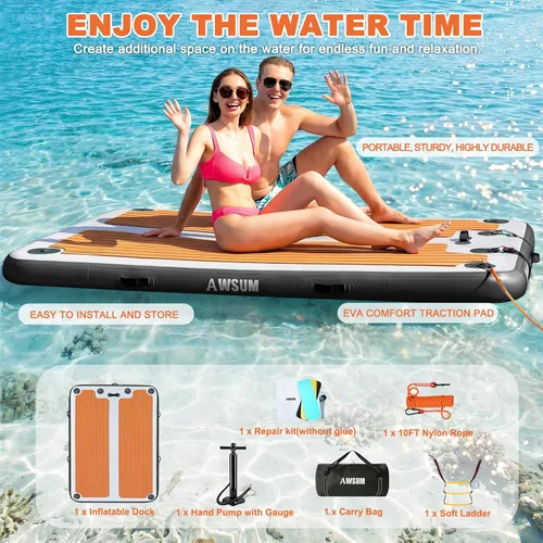 Miniatura 6 de AWSUM Plataforma de muelle inflable, superficie antideslizante de EVA de 8 a 15 pies, isla flotante resistente para lago, piscina, playa y océano